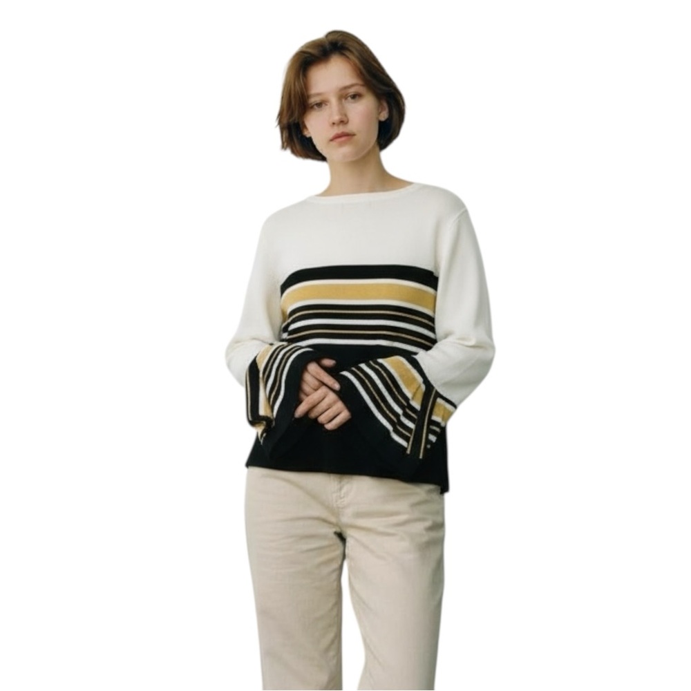 MELISSA PAIGE Striped Bell Sleeve Sweater White, Yellow and Blk PETITE Size PM - Picture 11 of 11